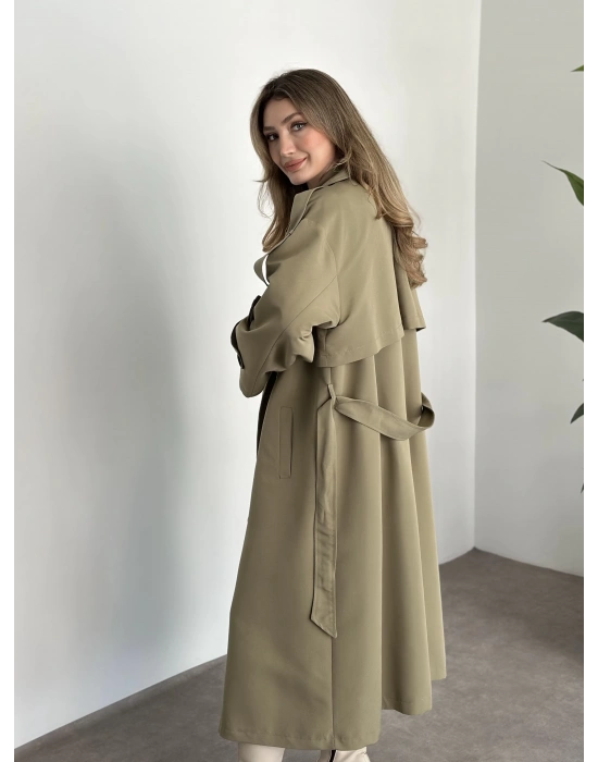 Uzun düğmeli beli kuşaklı oversize astarlı trençkot yeşil