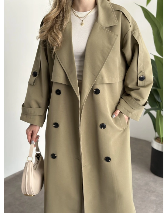 Uzun düğmeli beli kuşaklı oversize astarlı trençkot yeşil