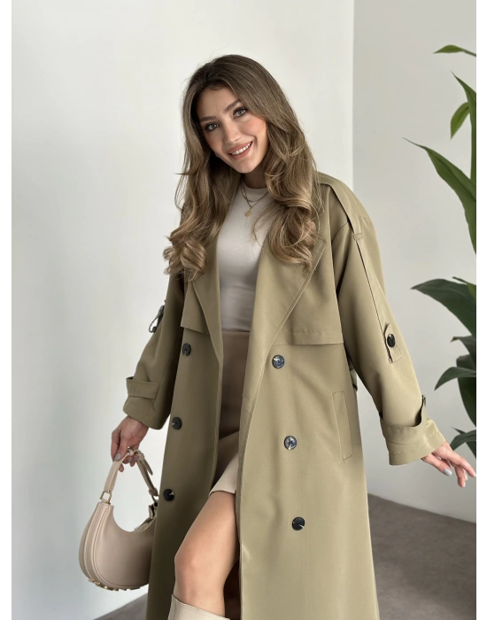 Uzun düğmeli beli kuşaklı oversize astarlı trençkot yeşil