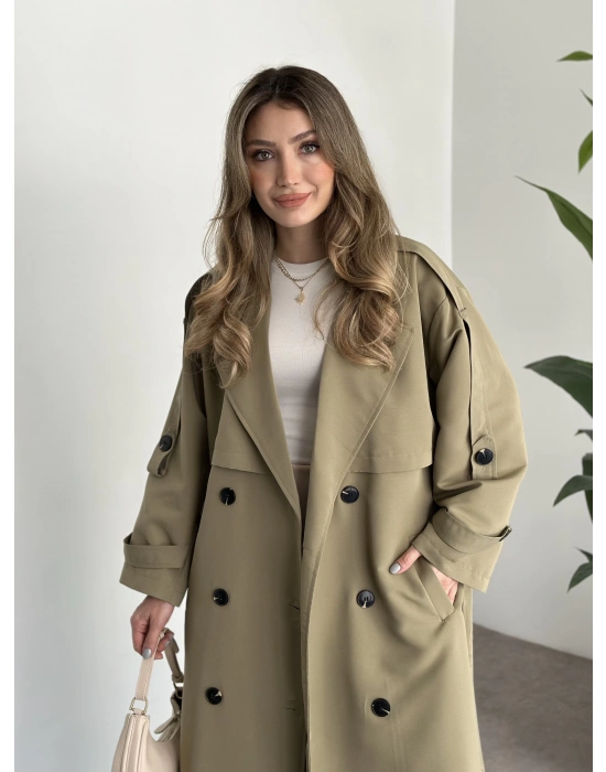 Uzun düğmeli beli kuşaklı oversize astarlı trençkot yeşil