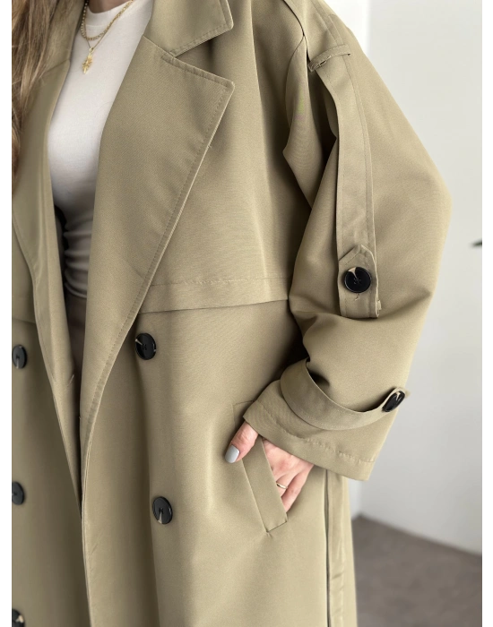 Uzun düğmeli beli kuşaklı oversize astarlı trençkot yeşil