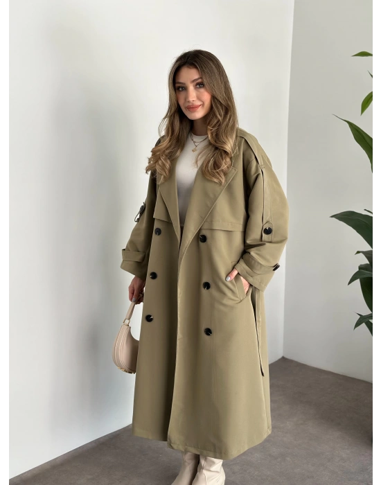 Uzun düğmeli beli kuşaklı oversize astarlı trençkot yeşil
