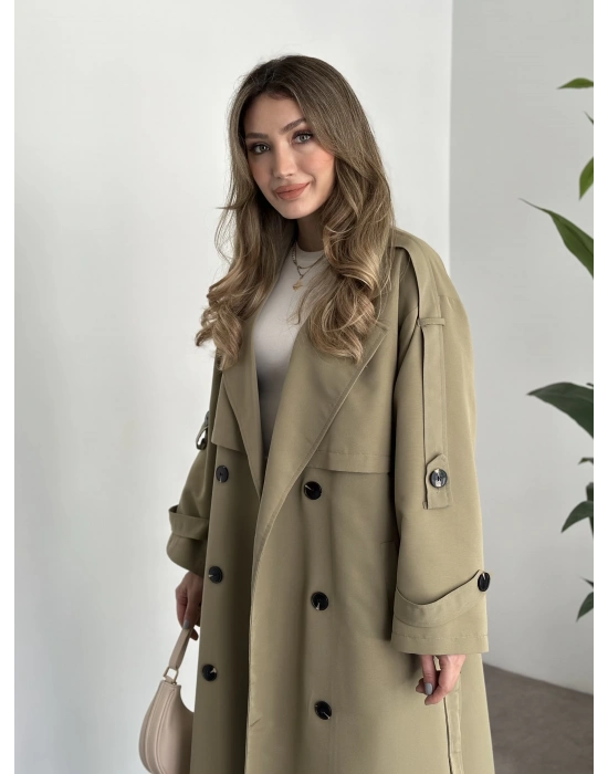 Uzun düğmeli beli kuşaklı oversize astarlı trençkot yeşil