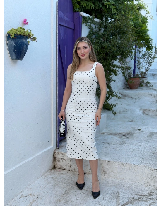 Uzun kare yaka puantiyeli gabardin likralı elbise