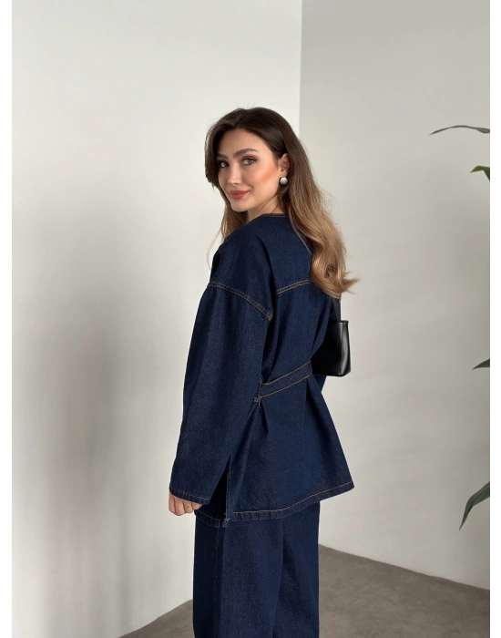 V yaka belinden kuşaklı premium kot takım