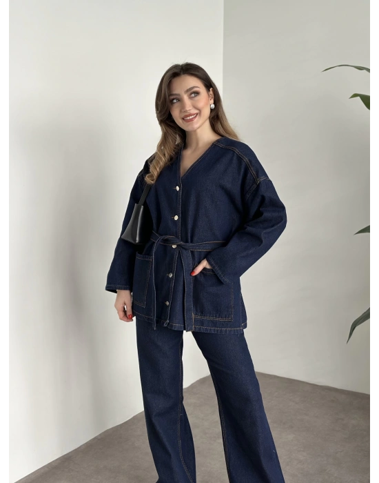 V yaka belinden kuşaklı premium kot takım