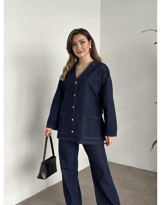 V yaka belinden kuşaklı premium kot takım