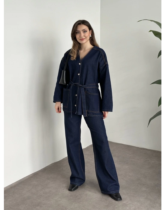 V yaka belinden kuşaklı premium kot takım