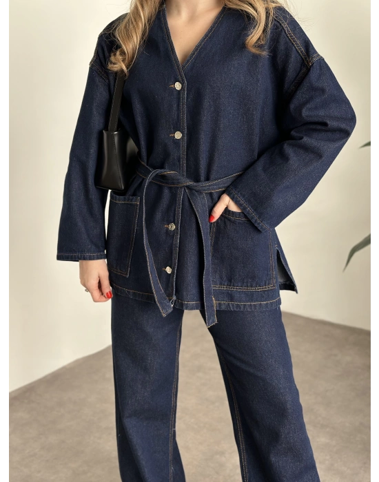 V yaka belinden kuşaklı premium kot takım