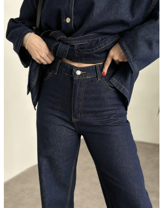 V yaka belinden kuşaklı premium kot takım