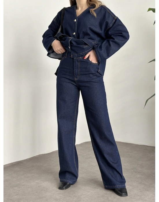 V yaka belinden kuşaklı premium kot takım