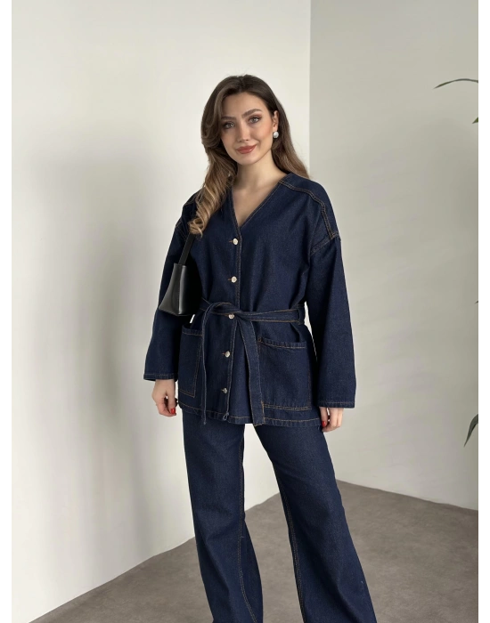 V yaka belinden kuşaklı premium kot takım