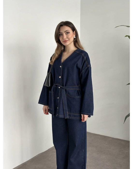 V yaka belinden kuşaklı premium kot takım