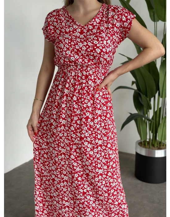 V Yaka beli lastikli Çiçekli Elbise kırmızı
