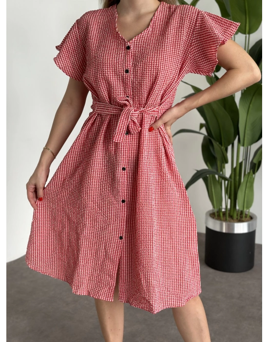 v yaka düğmeli gofre kumaş kırmızı elbise