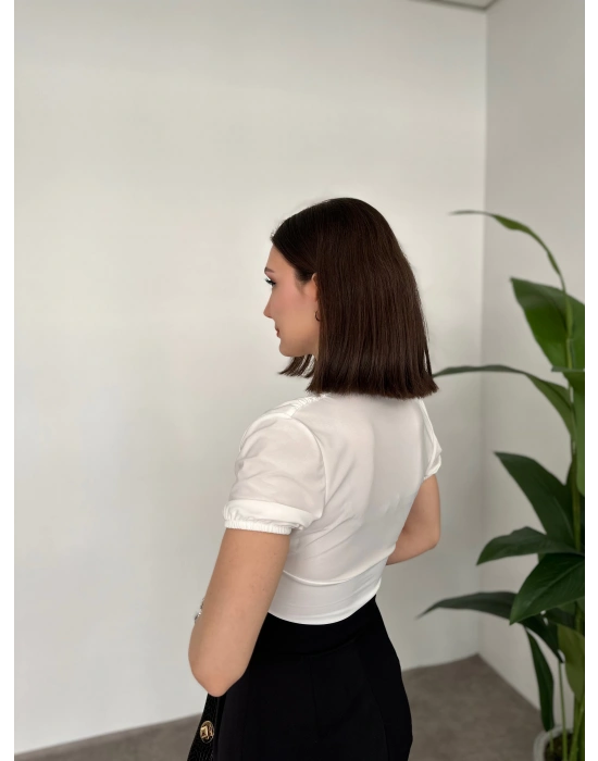 V Yaka Sandy Bluz Beyaz