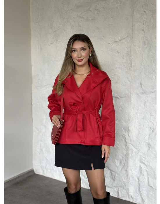 vera kemerli süet ceket kırmızı