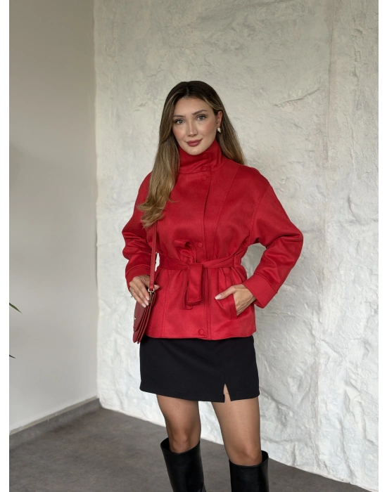 vera kemerli süet ceket kırmızı