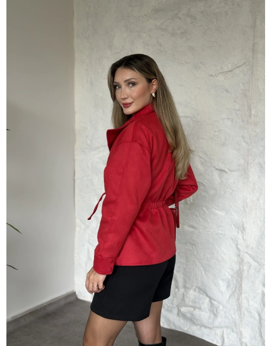 vera kemerli süet ceket kırmızı