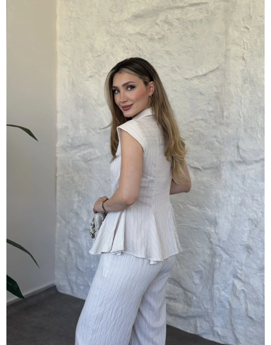 Volanlı çizgili gömlek takım krem