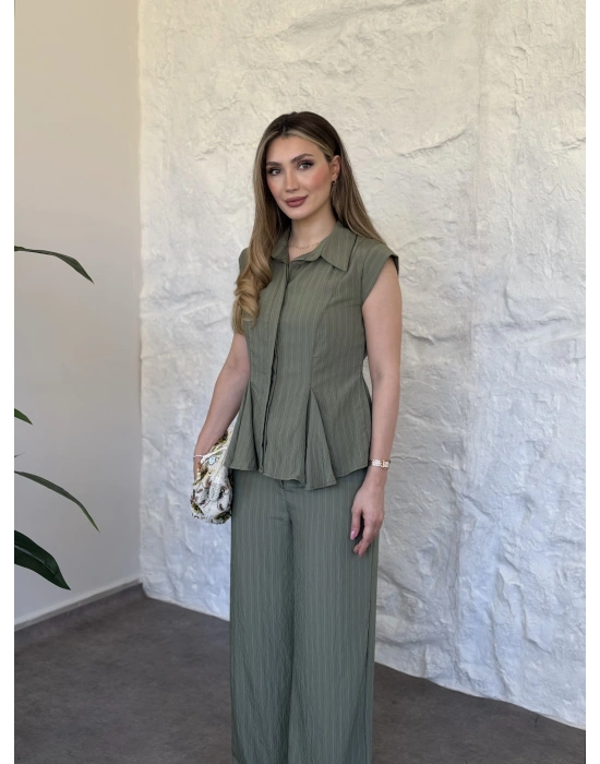 Volanlı çizgili gömlek takım yeşil