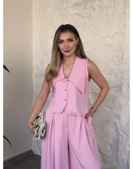 Yakalı ultra bol paça salaş takım pembe
