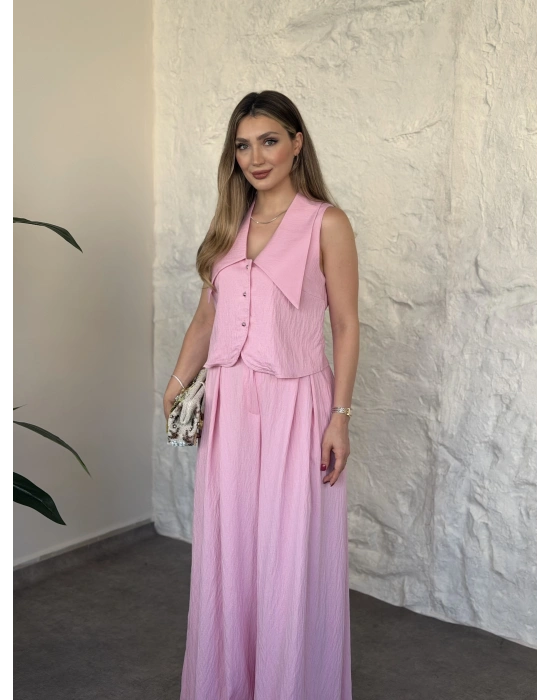Yakalı ultra bol paça salaş takım pembe