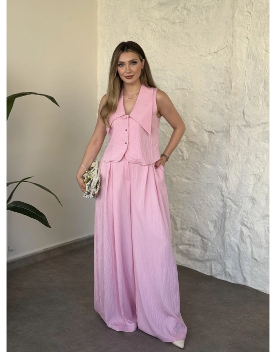 Yakalı ultra bol paça salaş takım pembe