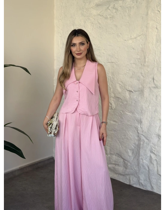 Yakalı ultra bol paça salaş takım pembe