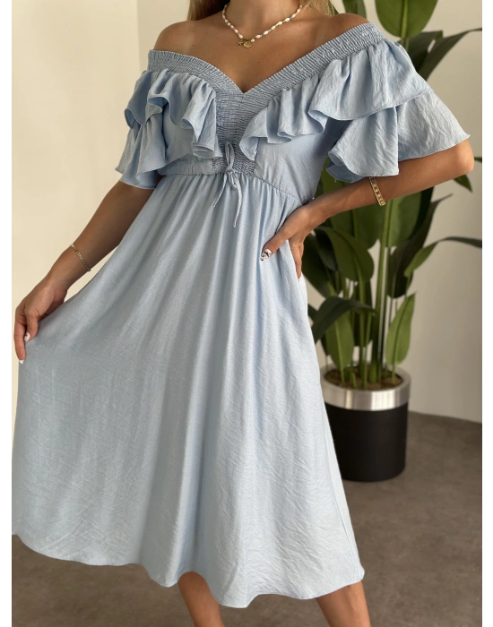 Yakası Gipe Ve Volanlı Astarlı Elbise Mavi