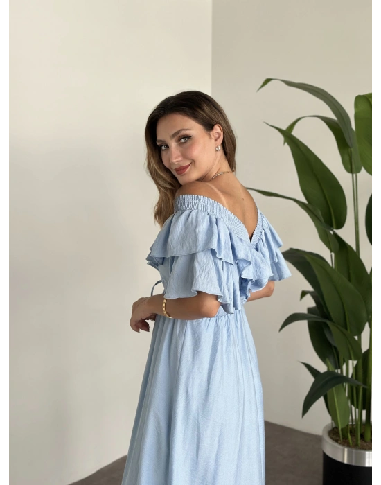 Yakası Gipe Ve Volanlı Astarlı Elbise Mavi