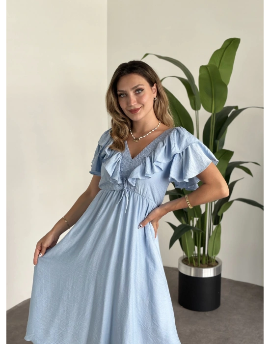 Yakası Gipe Ve Volanlı Astarlı Elbise Mavi