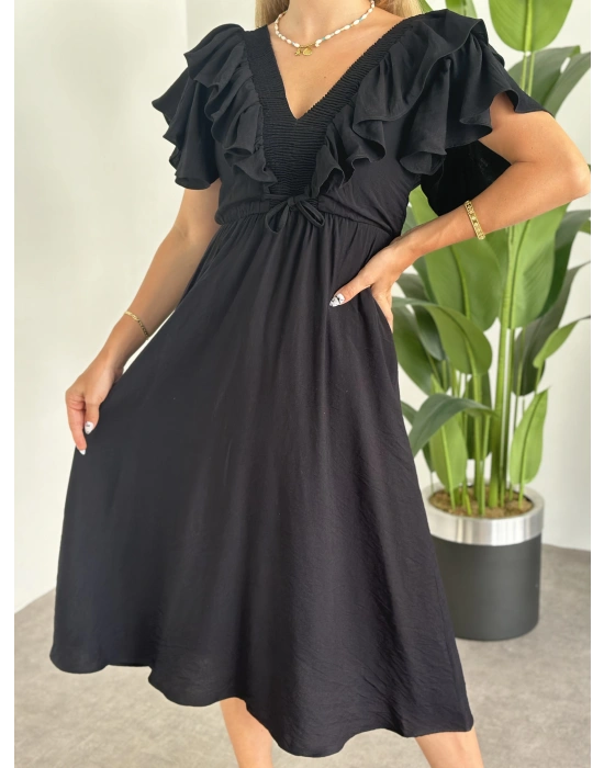 Yakası Gipe Ve Volanlı Astarlı Elbise Siyah