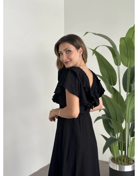 Yakası Gipe Ve Volanlı Astarlı Elbise Siyah