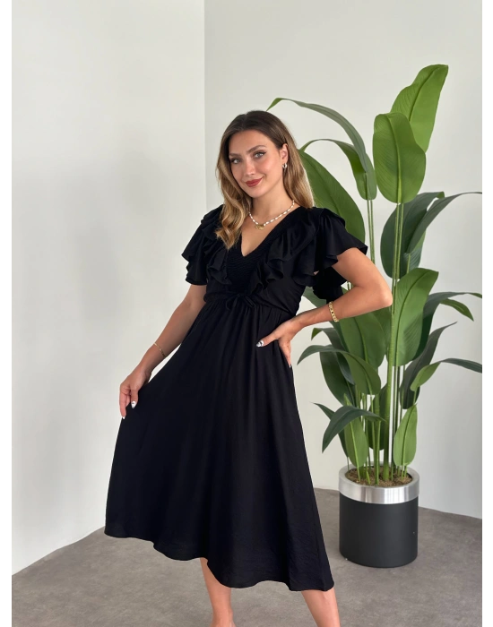 Yakası Gipe Ve Volanlı Astarlı Elbise Siyah