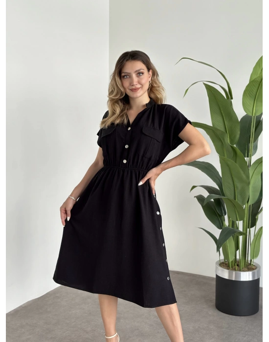 Yanı Çıt Çıtlı Terni Elbise Siyah