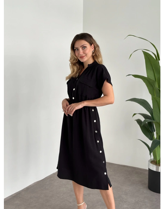 Yanı Çıt Çıtlı Terni Elbise Siyah