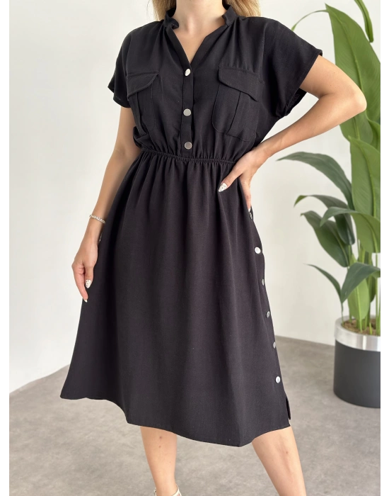 Yanı Çıt Çıtlı Terni Elbise Siyah