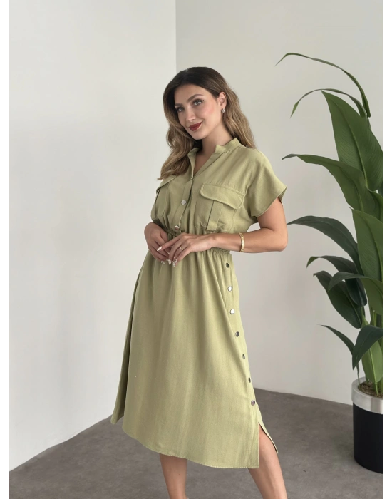 Yanı Çıt Çıtlı Terni Elbise Yağ Yeşili