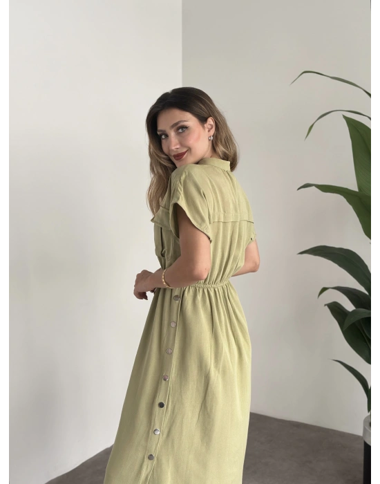 Yanı Çıt Çıtlı Terni Elbise Yağ Yeşili