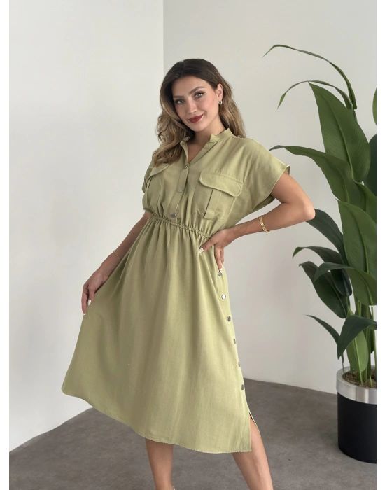 Yanı Çıt Çıtlı Terni Elbise Yağ Yeşili