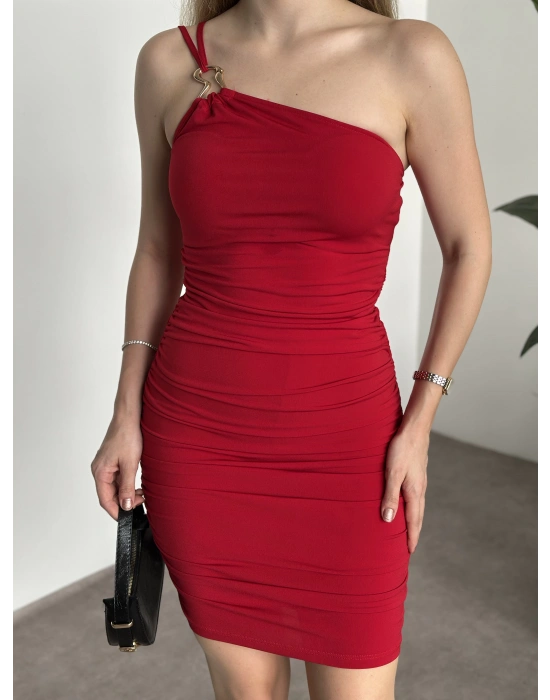 Yanları büzgülü aksesuar detaylı mini elbise kırmızı