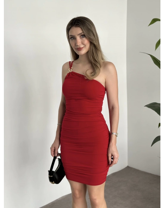 Yanları büzgülü aksesuar detaylı mini elbise kırmızı