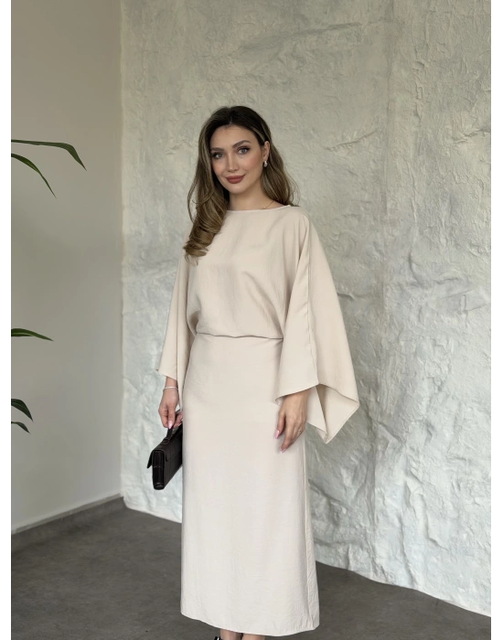 Yarasa kol maxi elbise bej