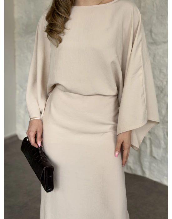 Yarasa kol maxi elbise bej