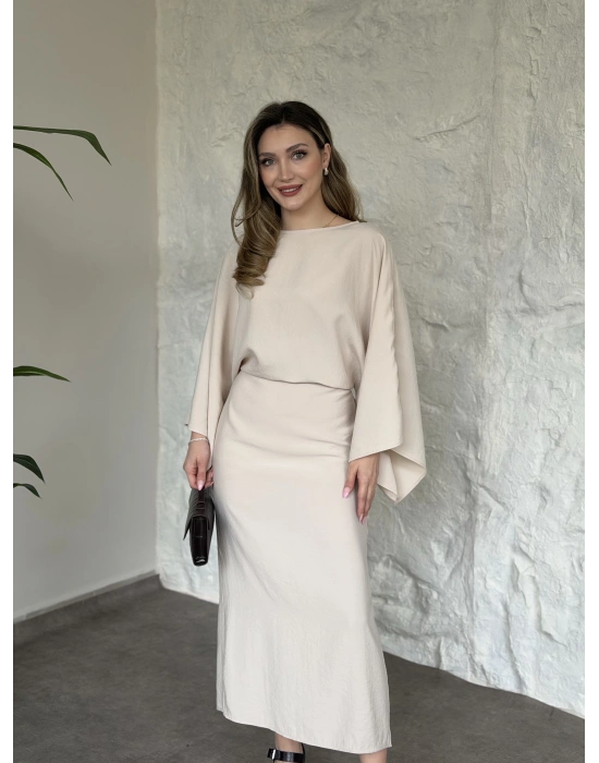 Yarasa kol maxi elbise bej