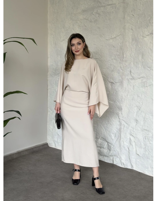 Yarasa kol maxi elbise bej