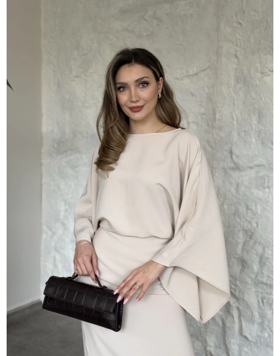 Yarasa kol maxi elbise bej