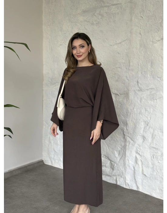 Yarasa kol maxi elbise kahve