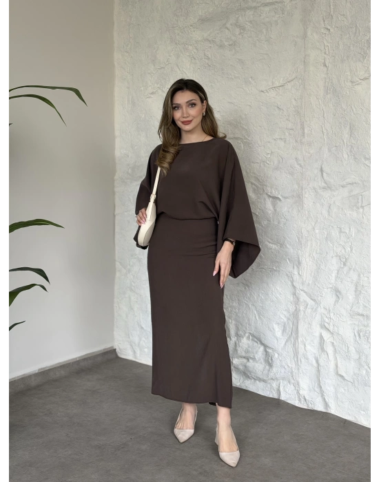 Yarasa kol maxi elbise kahve